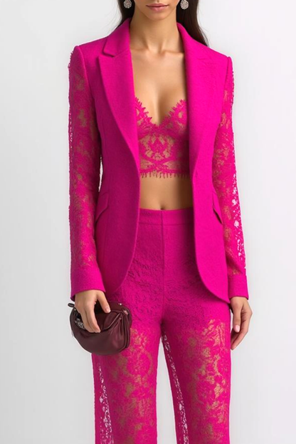 Party Outfit Sets Fuchsia Lapel Long Sleeve Lace Pants Set 