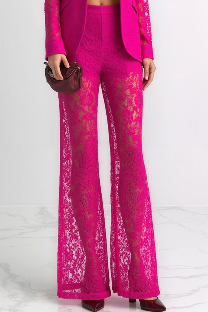 Party Outfit Sets Fuchsia Lapel Long Sleeve Lace Pants Set 