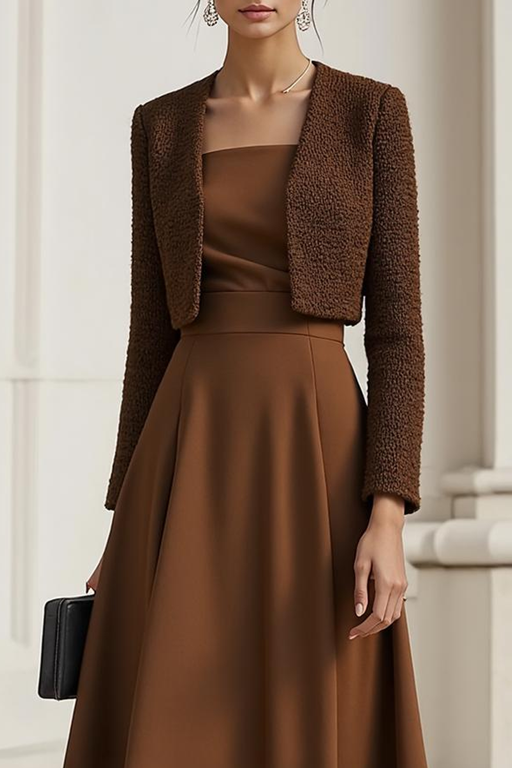 Work Suit Sets Brown Strapless Long Sleeve Ankle-Length Skirt Set