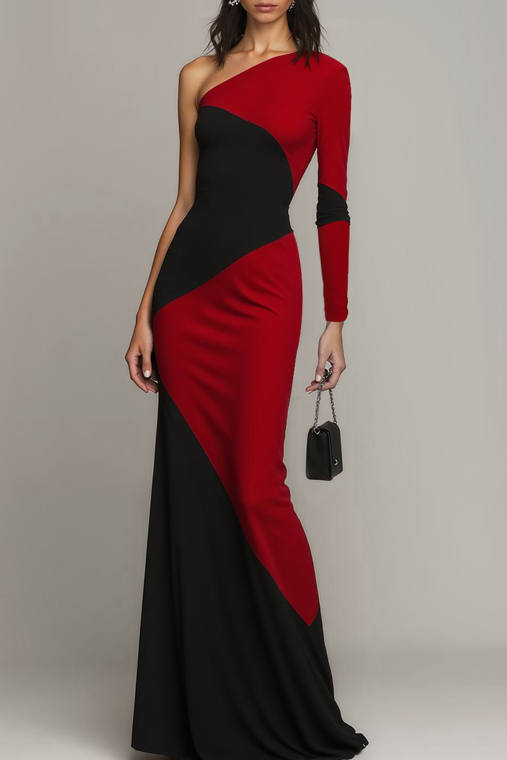 Formal Evening Dress Red One Shoulder Splicing Maxi Dress 