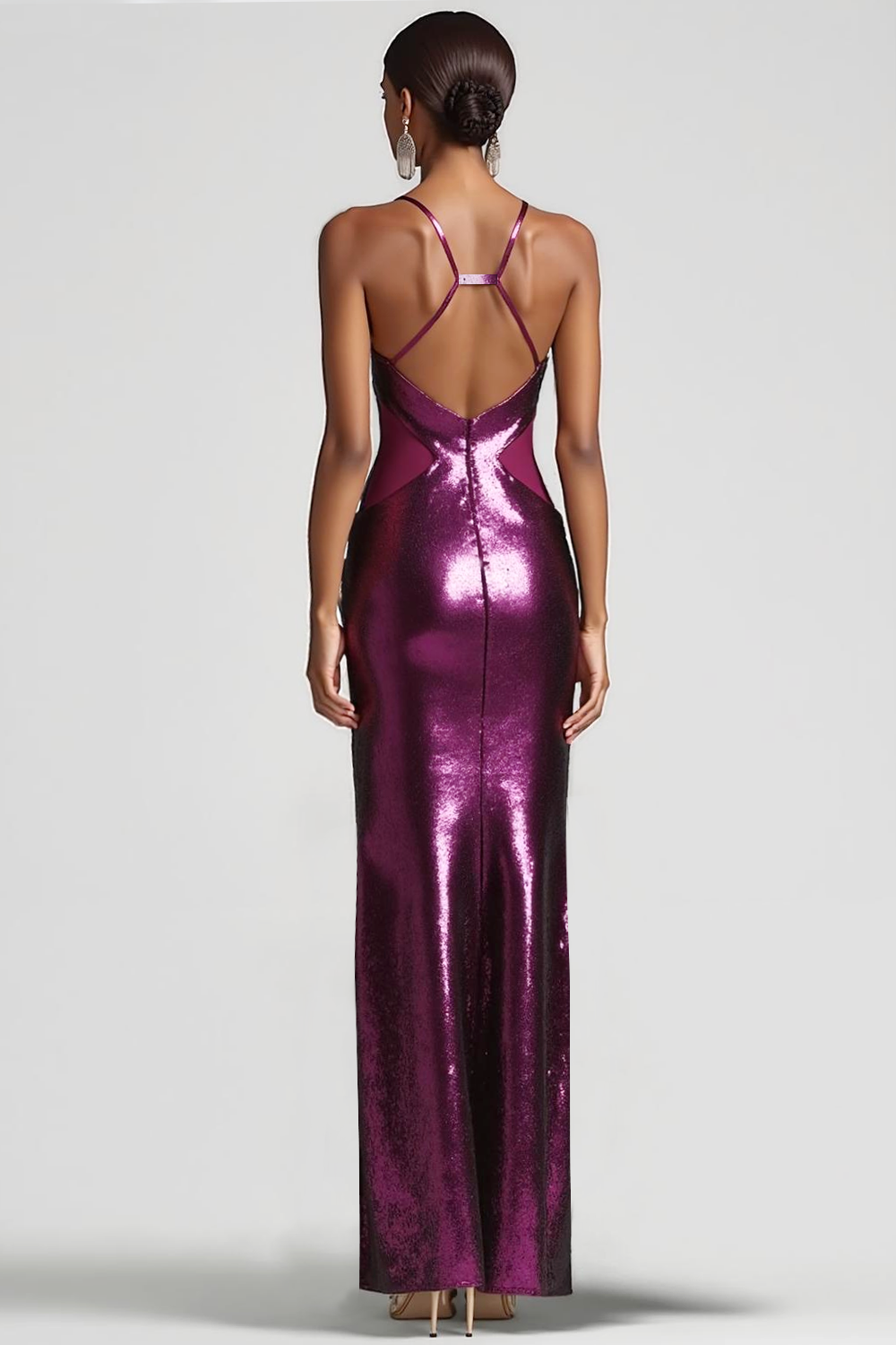 Formal Party Dress Dark Purple Spaghetti Straps Metallic Satin Maxi Dress with Slit 
