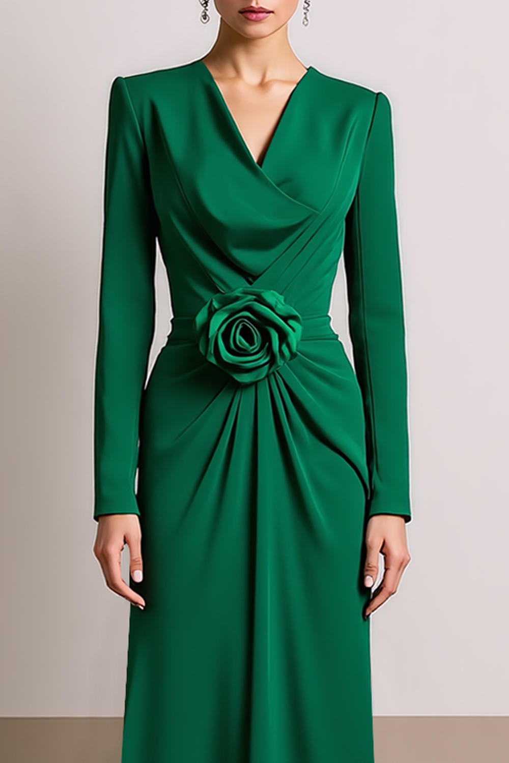 Formal Dress Sheath Green V-Neck 3D Flower Maxi Dress 