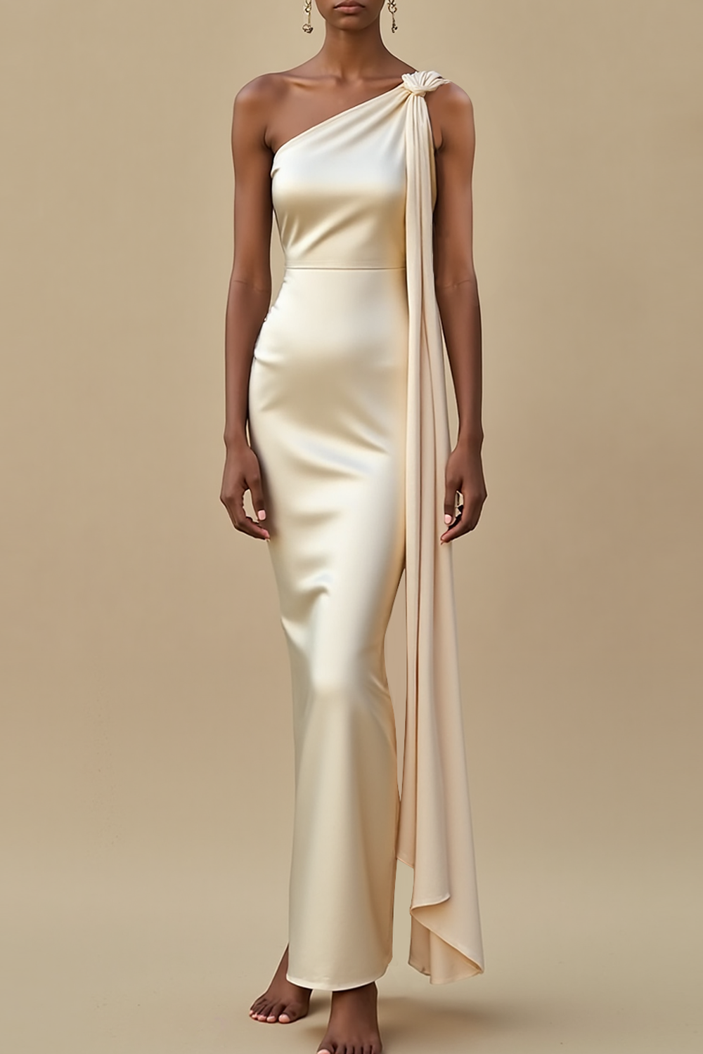 Formal Evening Dress Ivory One Shoulder Cape Maxi Dress