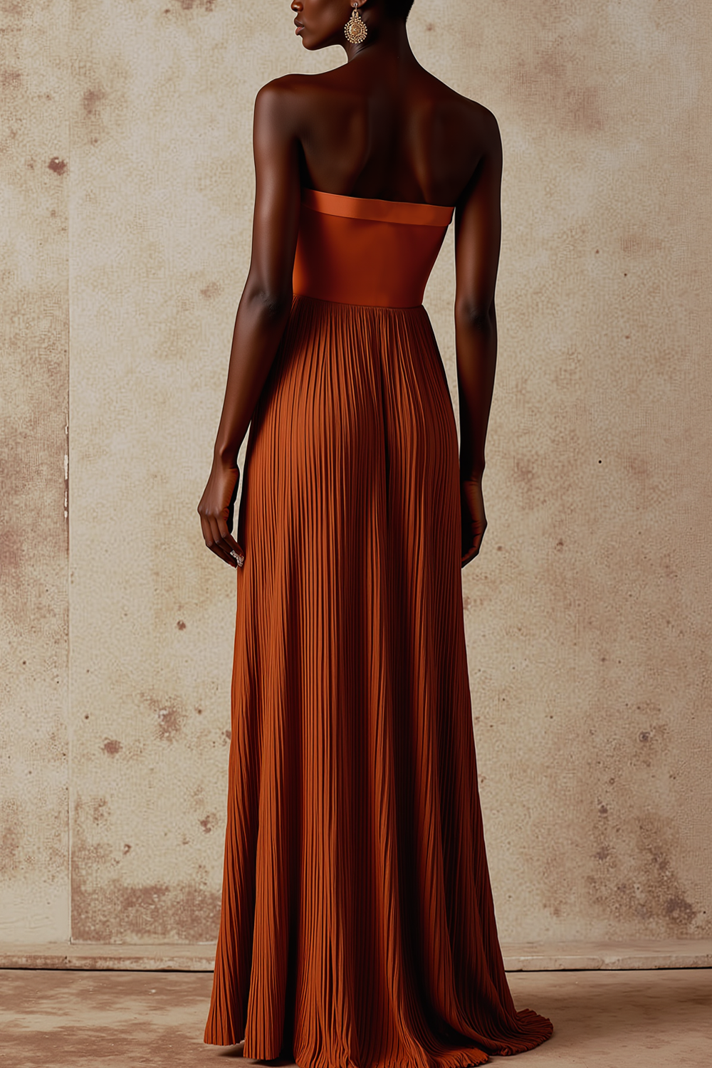Formal Dress Terracotta Off the Shoulder Pleated Chiffon Maxi Dress with Slit