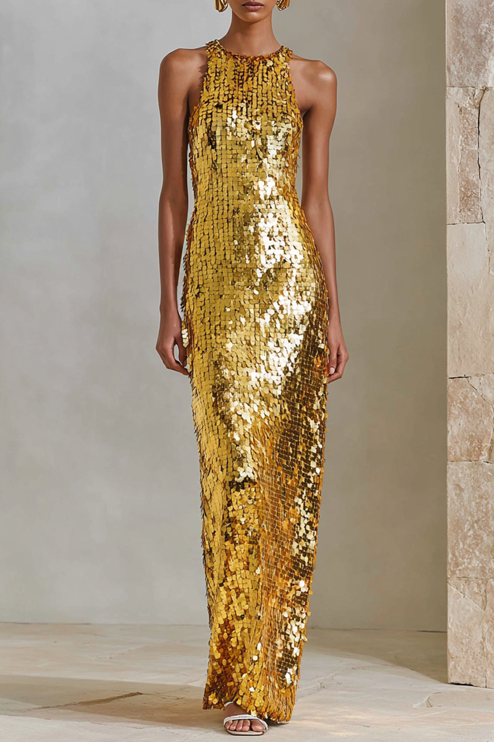 Sparkly Formal Evening Dress Golden Crew Neck Sequin Maxi Dress 