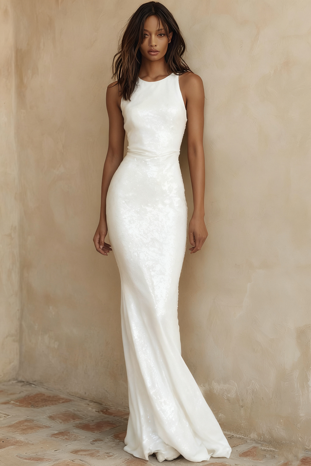 Sparkly Formal Dress Mermaid Champagne Crew Neck Sequin Maxi Dress 