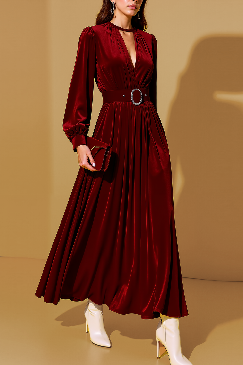 Formal Dress Burgundy V-Neck Long Sleeve Velvet Maxi Dress 
