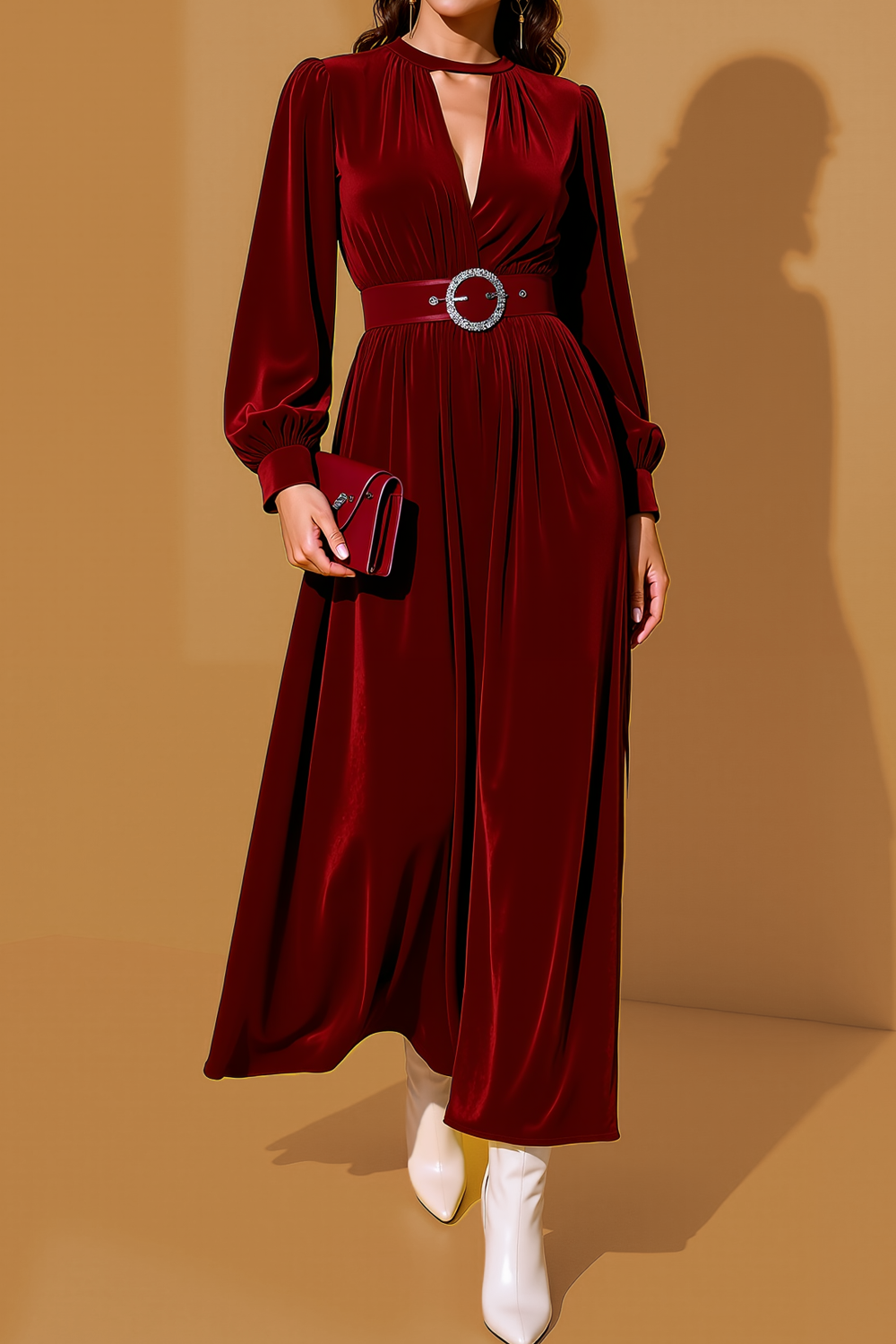 Formal Dress Burgundy V-Neck Long Sleeve Velvet Maxi Dress 