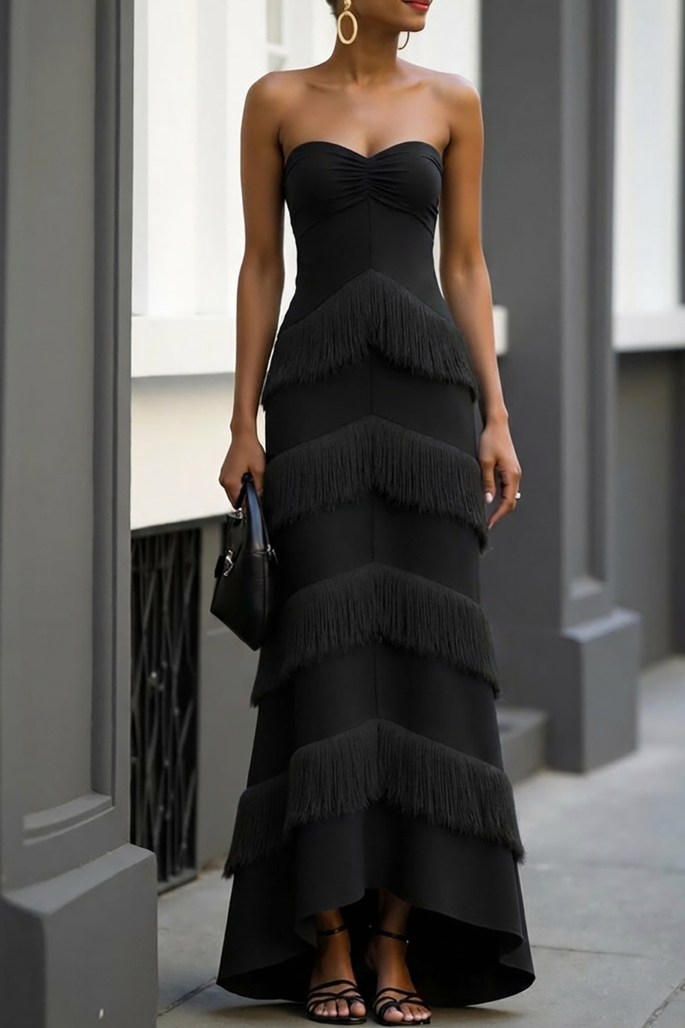 Formal Dress Navy Off the Shoulder Tiered Maxi Dress with Tassel