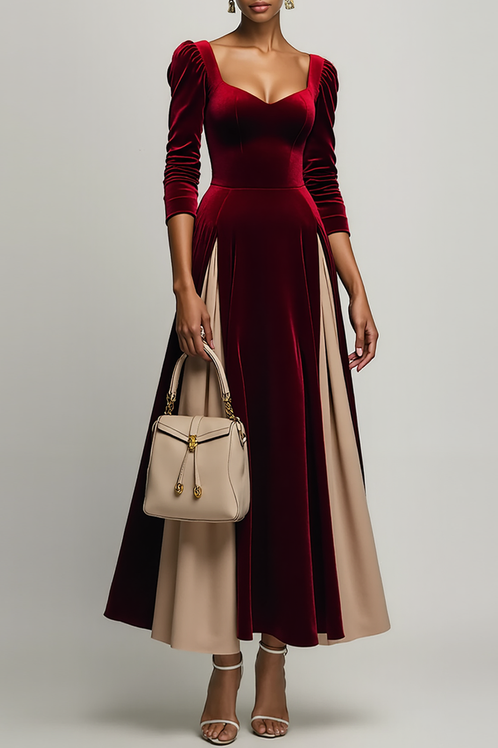 Formal Dress Burgundy Square Neck Long Sleeve Velvet Long Party Dress 