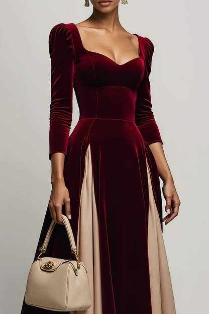Formal Dress Burgundy Square Neck Long Sleeve Velvet Long Party Dress 