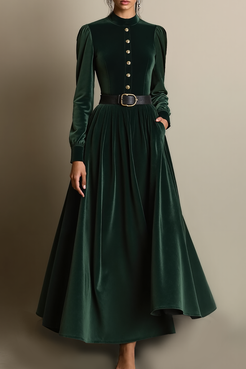Evening Formal Dress Dark Green Long Sleeve Velvet Belted Ankle-Length Dress