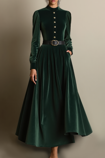 Evening Formal Dress Dark Green Long Sleeve Velvet Belted Ankle-Length Dress 