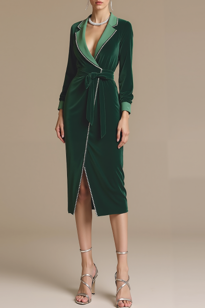 Dark Green Formal Dress Lapel Long Sleeve Velvet Midi Dress 