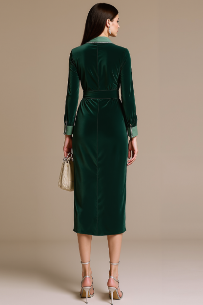 Dark Green Formal Dress Lapel Long Sleeve Velvet Midi Dress 
