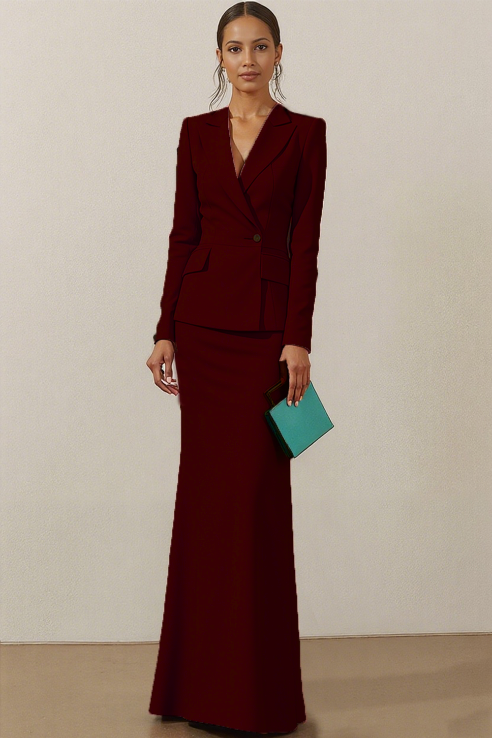 Work Suit Sets Dark Grey Lapel Long Sleeve Maxi Skirt Set