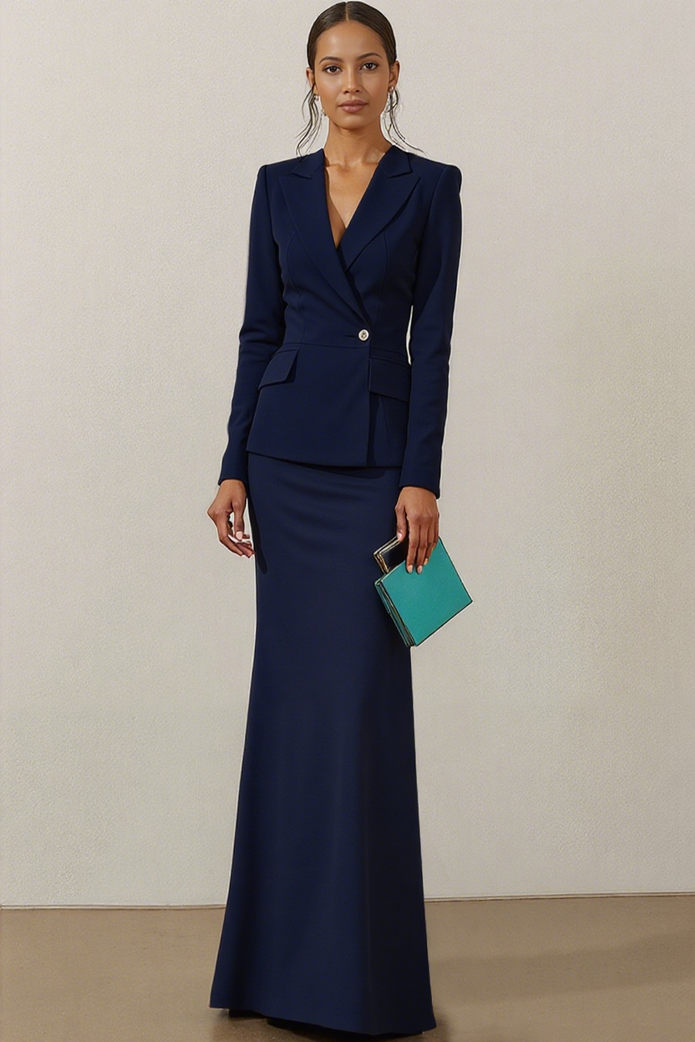 Work Suit Sets Dark Grey Lapel Long Sleeve Maxi Skirt Set