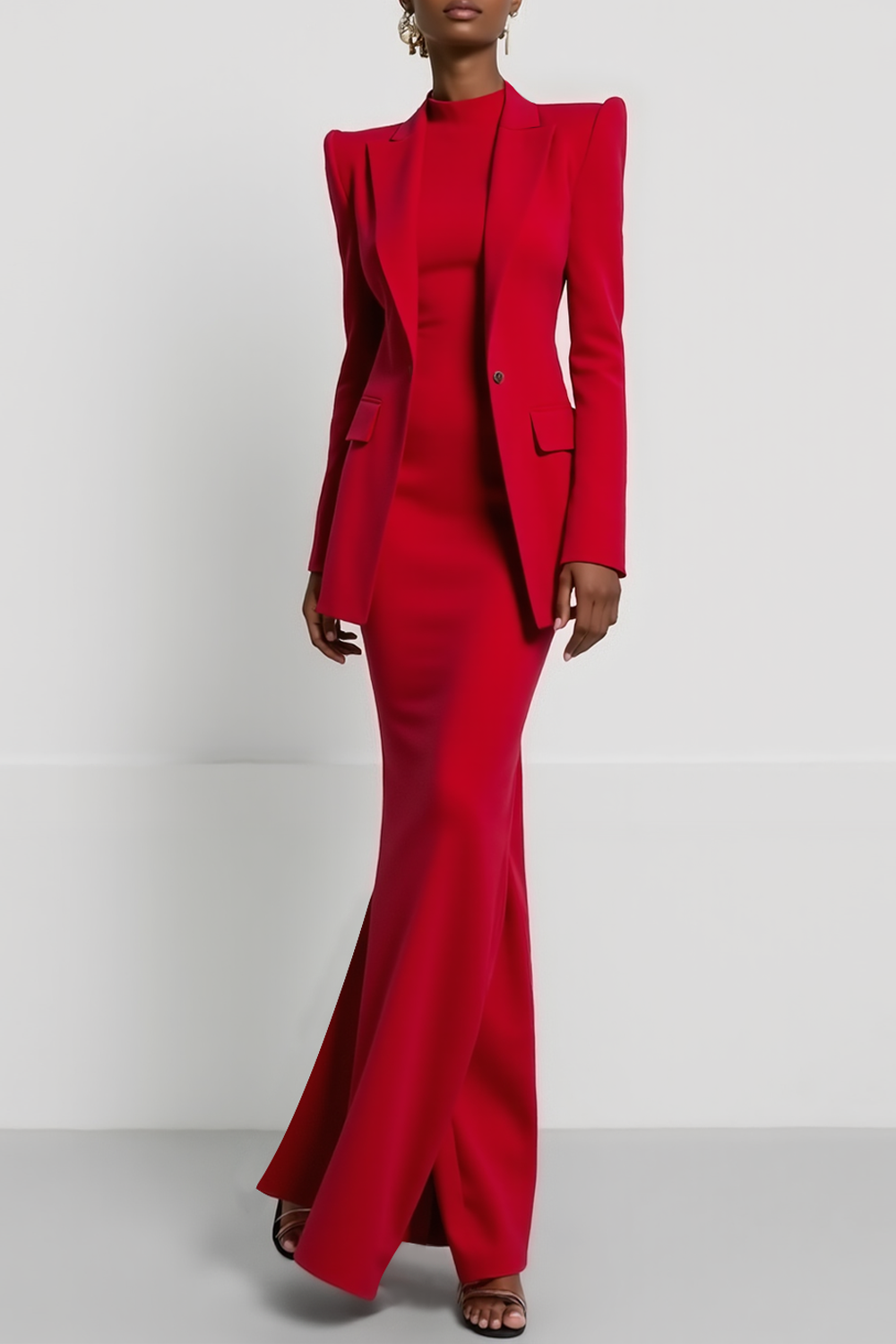 Work Blazer Suit Sets Dress Red Lapel Sheath Maxi Dress