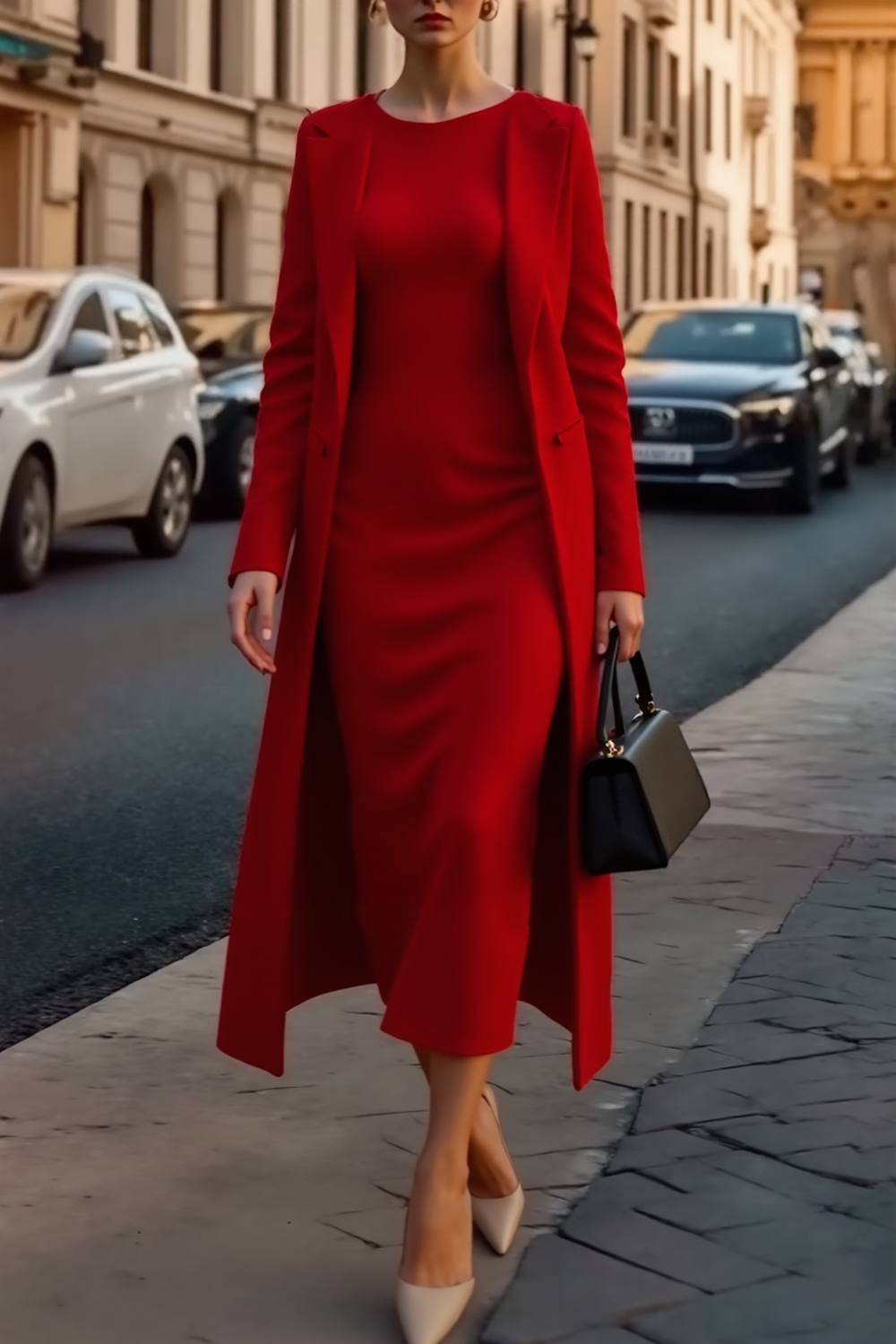 Formal Party Blazer Red Lapel Long Sleeve Midi Coat
