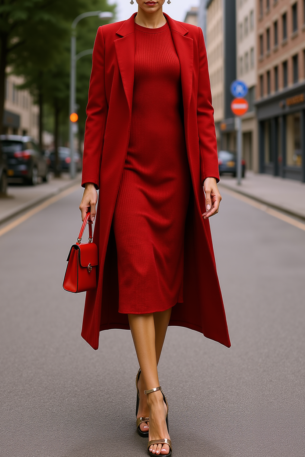 Formal Party Blazer Red Lapel Long Sleeve Midi Coat