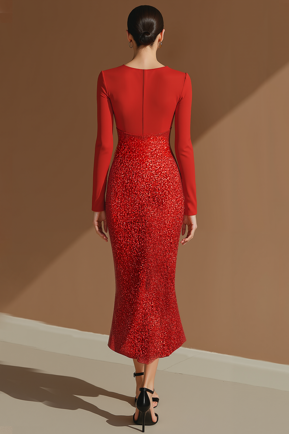 Sparkly Formal Dress Mermaid Red Crew Neck Sequin Midi Dress with Slit