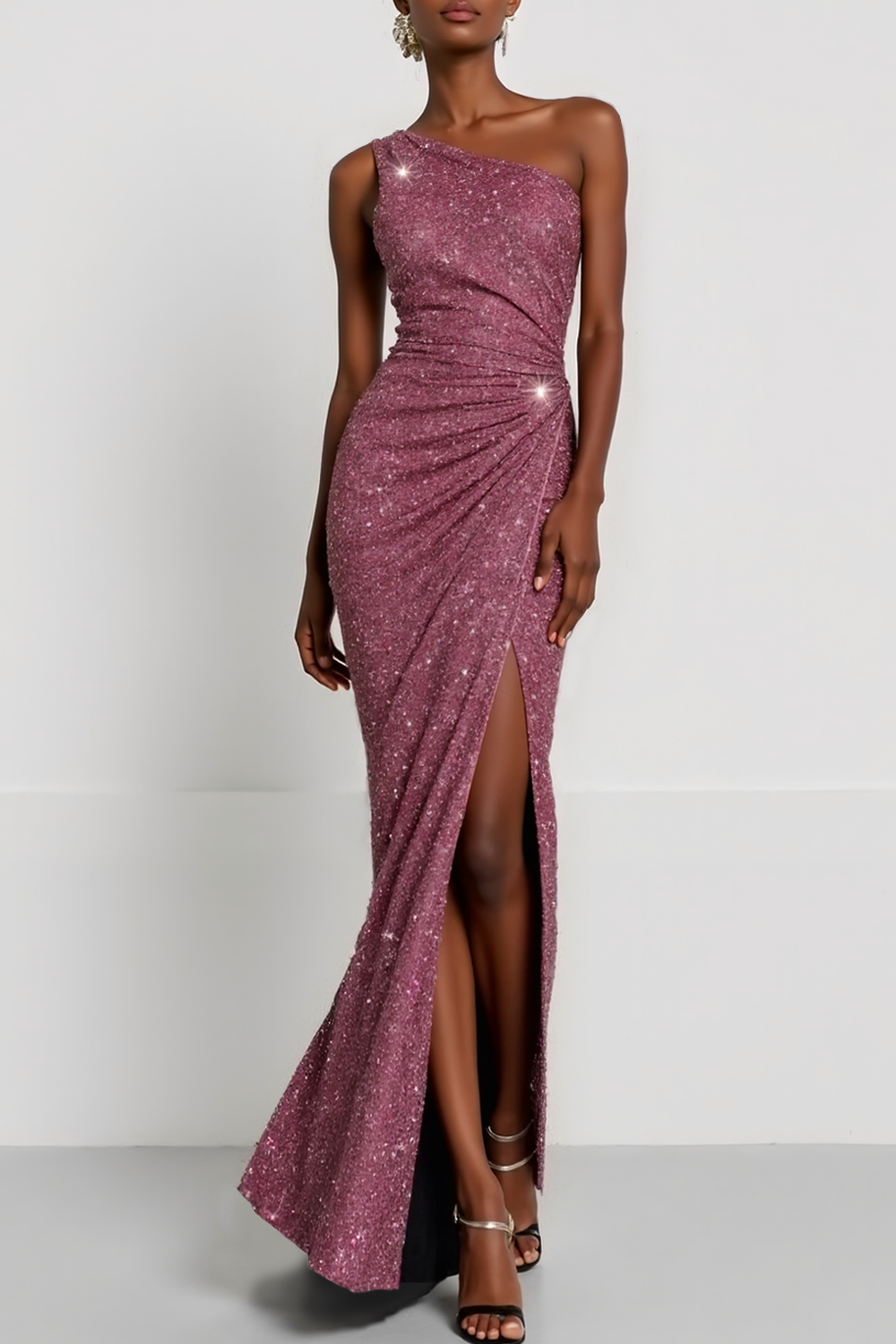 Evening Formal Dress Grape One Shoulder Sequin Maxi Dress with Slit