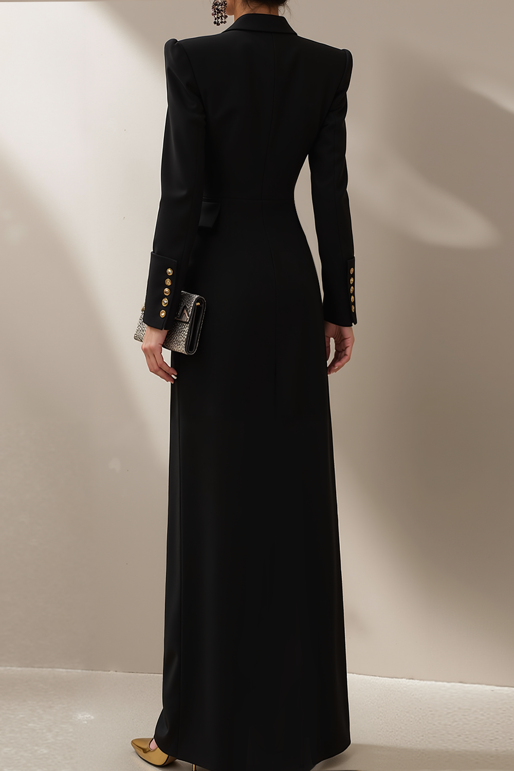 Black Formal Dress Sheath Lapel Long Sleeve Slit Maxi Dress 