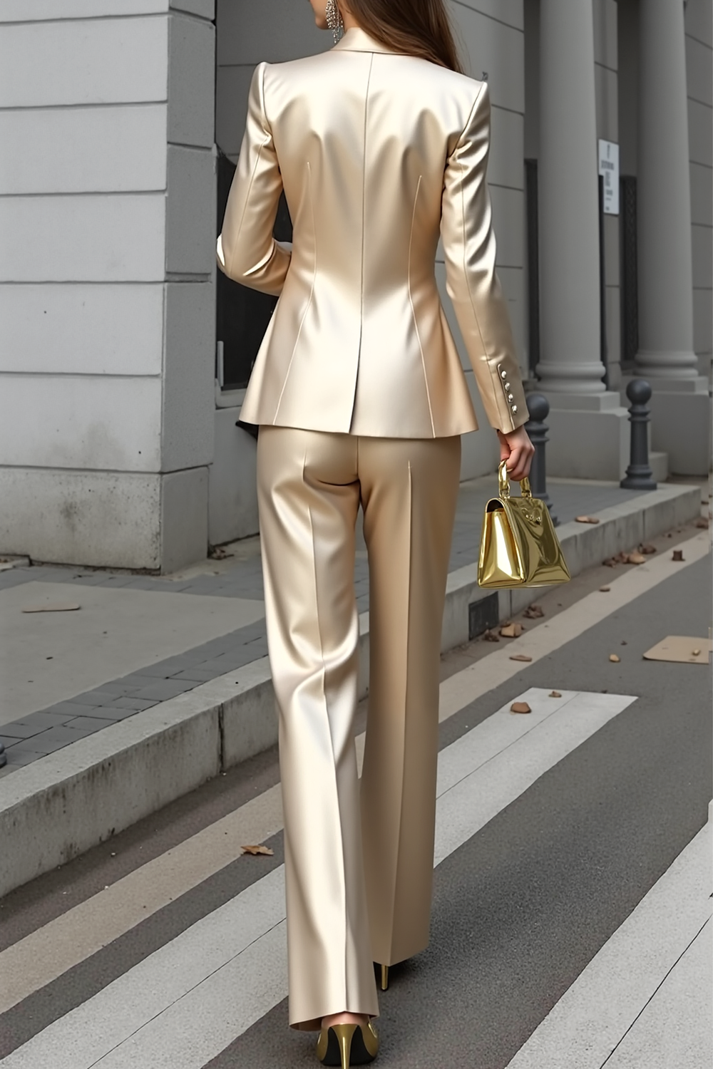 Business Party Blazer Suit Sets Champagne Lapel Long Sleeve Pants Set