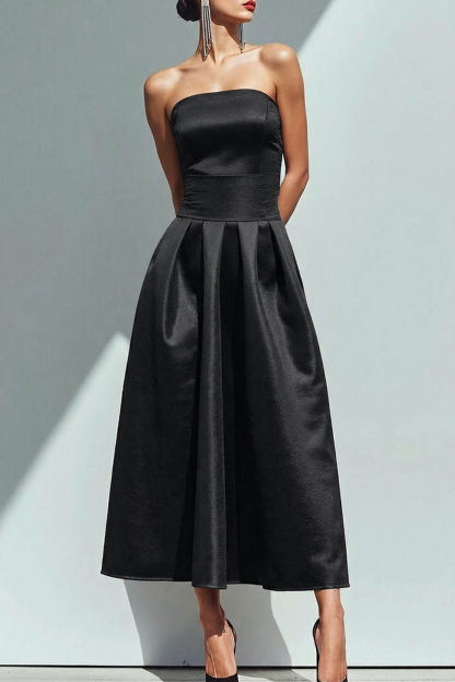 Burgundy Formal Dress A-Line Strapless Satin Midi Dress 