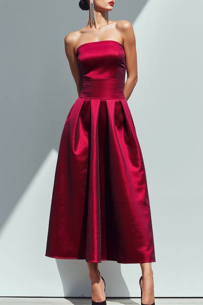 Burgundy Formal Dress A-Line Strapless Satin Midi Dress 