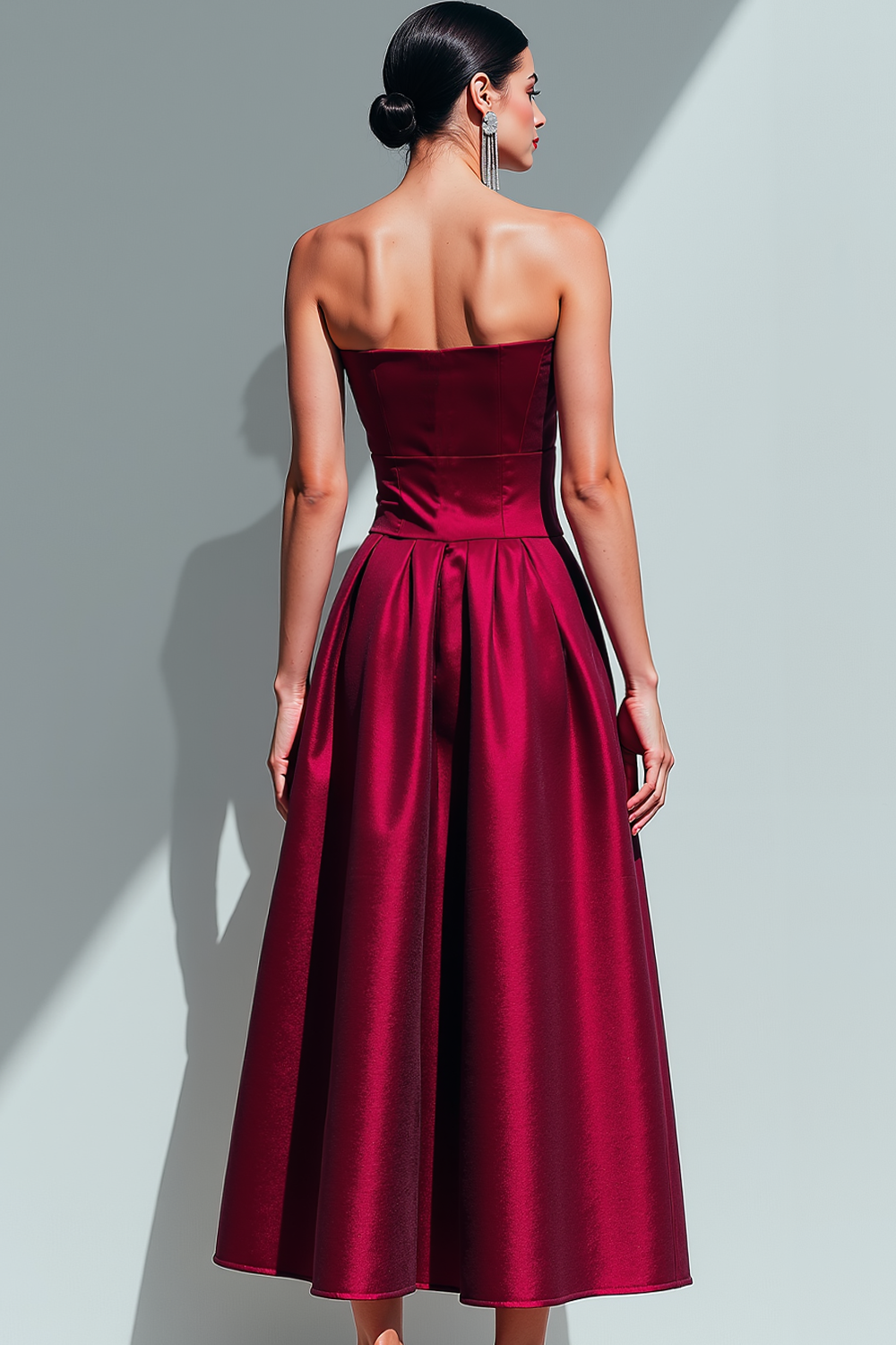 Burgundy Formal Dress A-Line Strapless Satin Midi Dress 