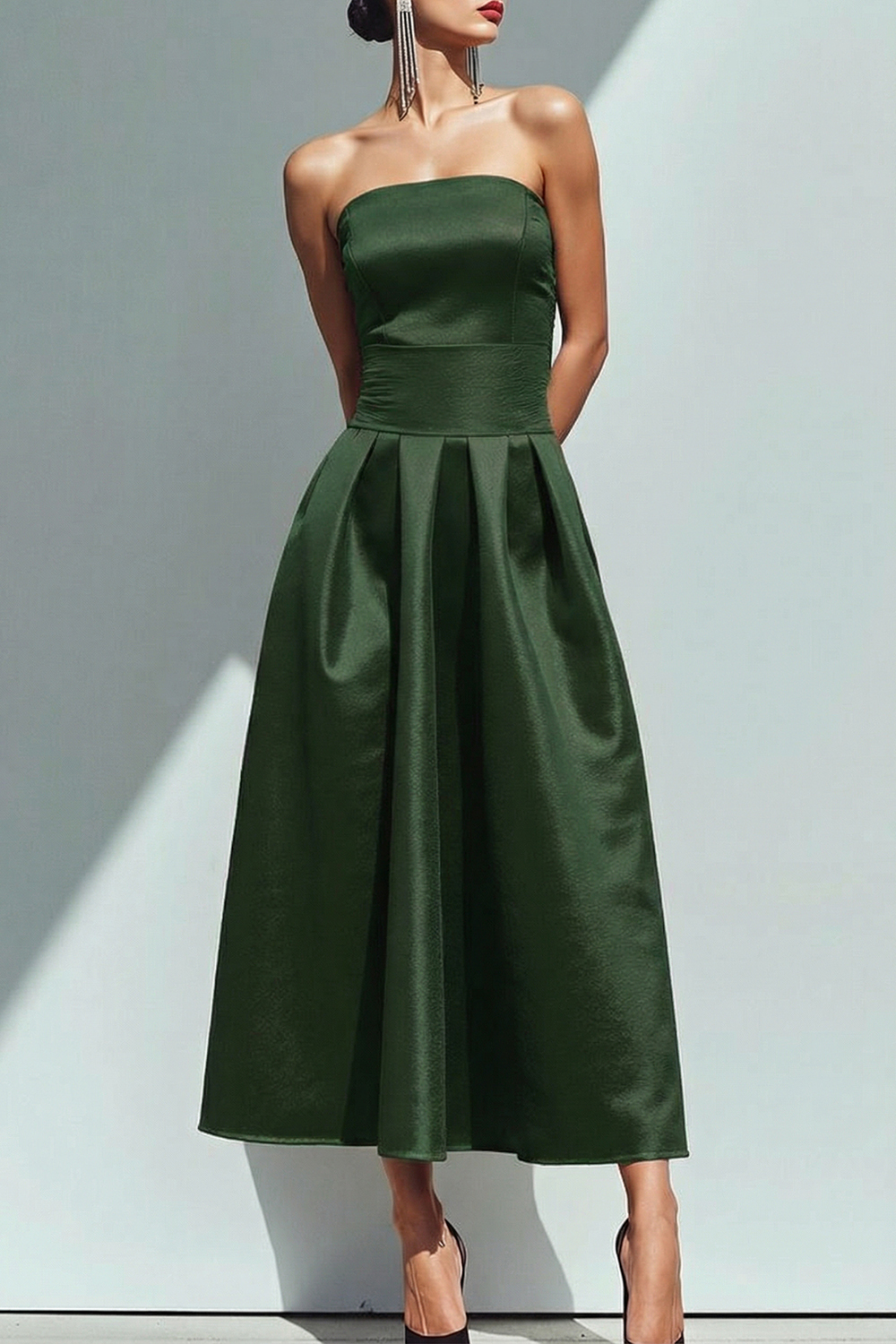 Burgundy Formal Dress A-Line Strapless Satin Midi Dress 