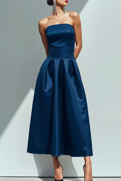 Burgundy Formal Dress A-Line Strapless Satin Midi Dress 