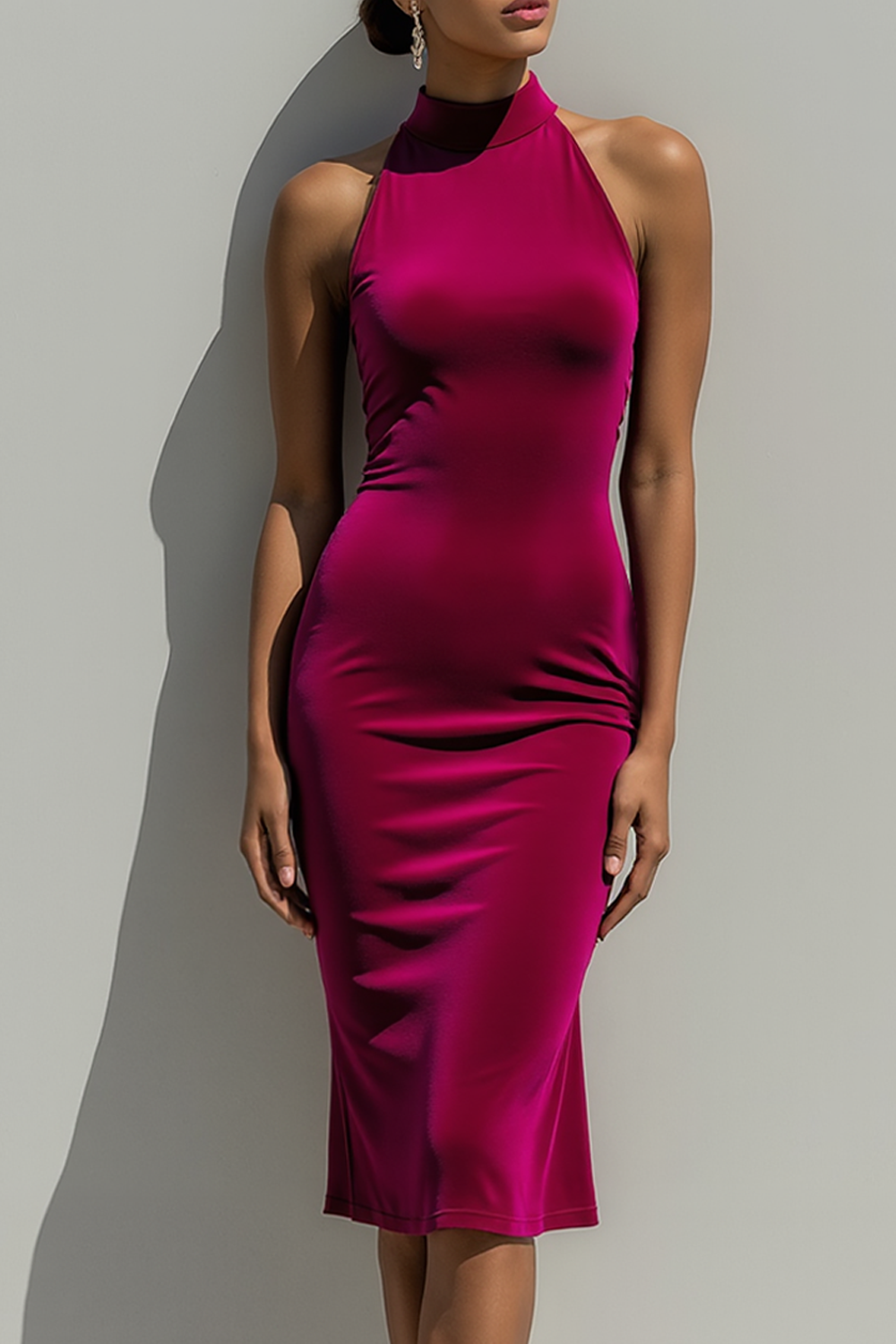 Formal Evening Dress Burgundy Sheath Halter Velvet Knee-Length Dress 