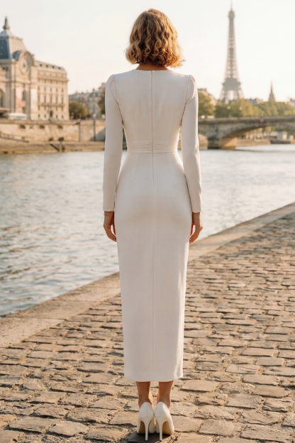 White Formal Work Dress V-Neck Midi Dress with Slit