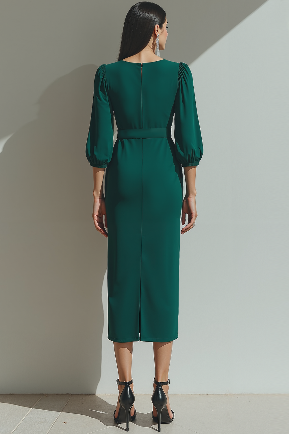 Formal Dress Sheath Emerald Green Crew Neck Midi Dress