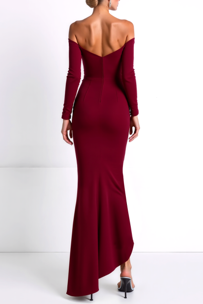 Formal Dress Burgundy Sheath Off the Shoulder Chiffon Maxi Dress with Ruffle