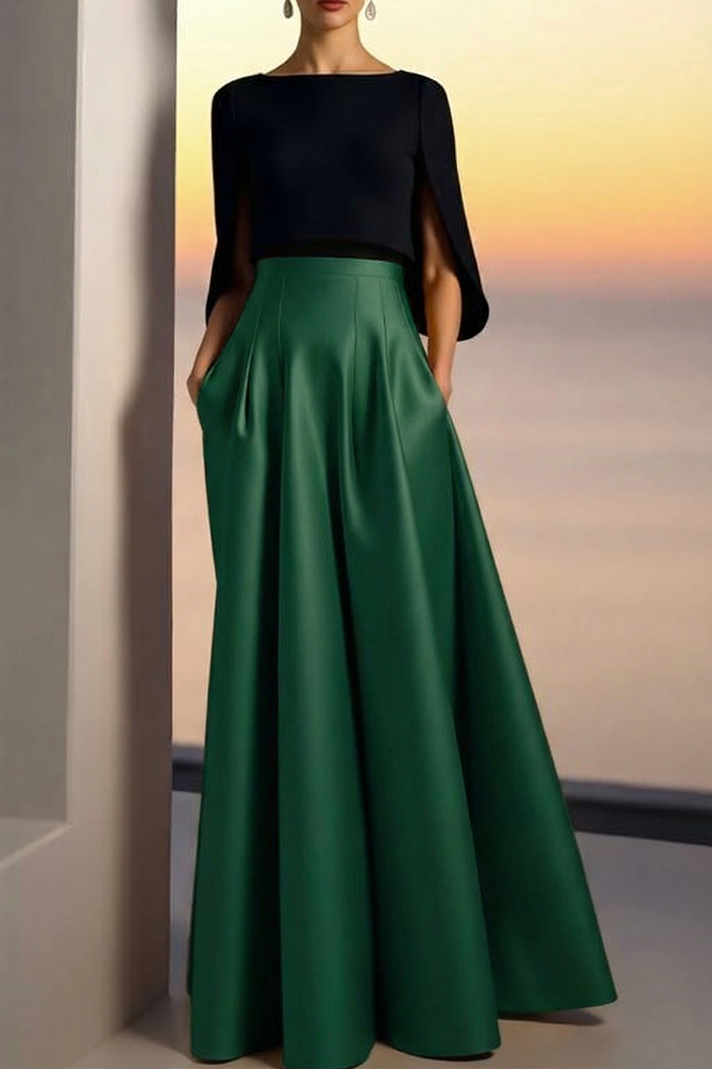 Evening Formal Dress Golden A-Line Crew Neck Satin Maxi Dress