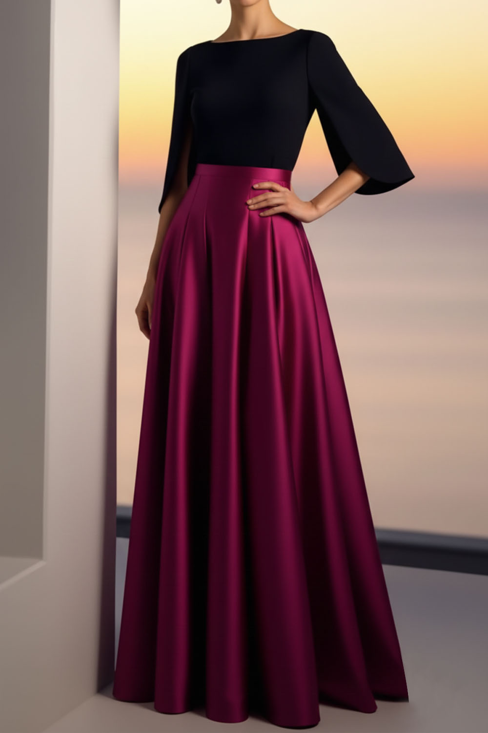 Evening Formal Dress Golden A-Line Crew Neck Satin Maxi Dress