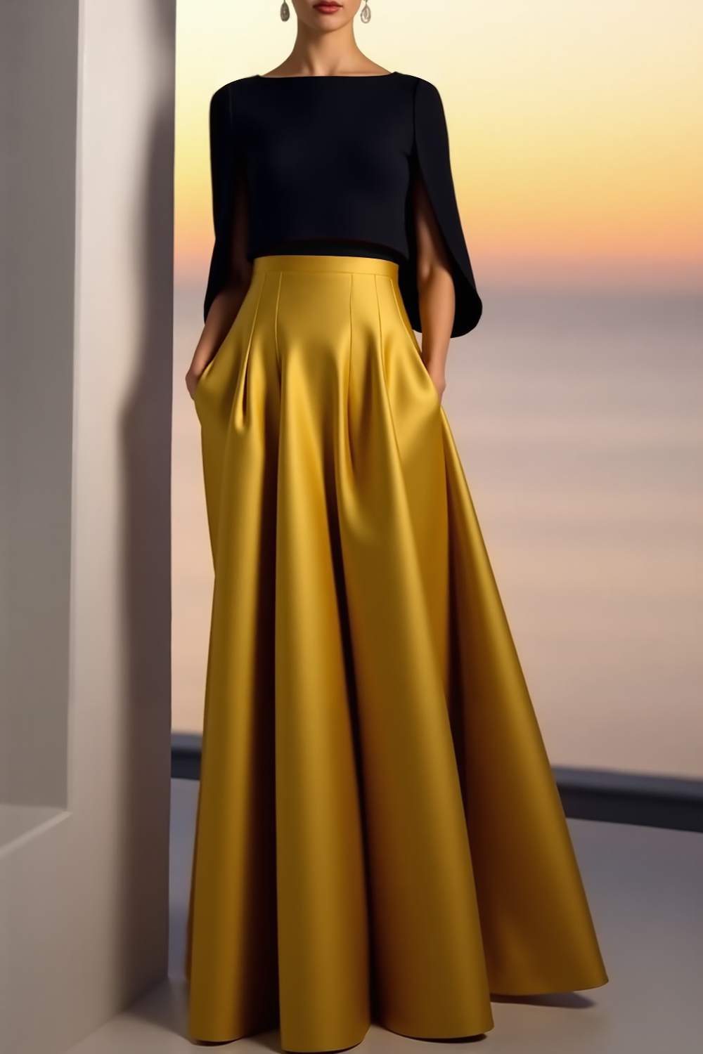 Evening Formal Dress Golden A-Line Crew Neck Satin Maxi Dress