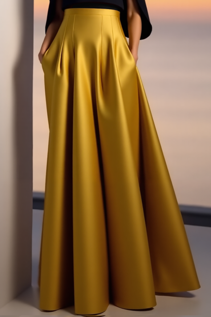 Evening Formal Dress Golden A-Line Crew Neck Satin Maxi Dress 