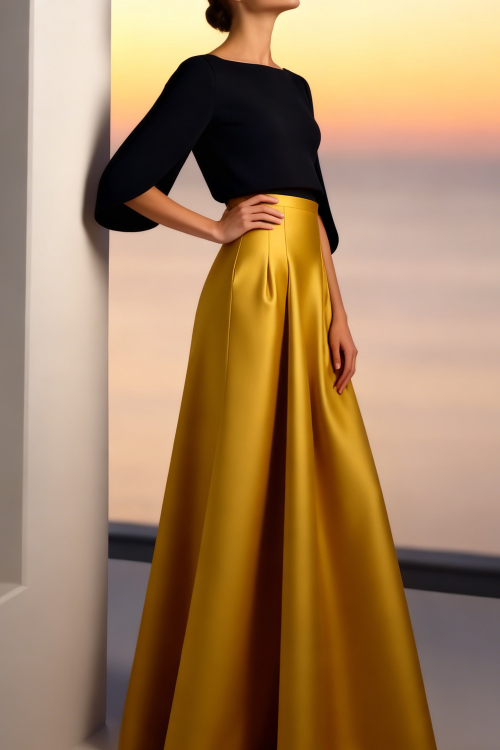 Evening Formal Dress Golden A-Line Crew Neck Satin Maxi Dress 