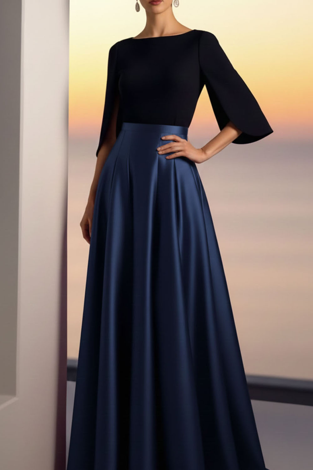 Evening Formal Dress Golden A-Line Crew Neck Satin Maxi Dress