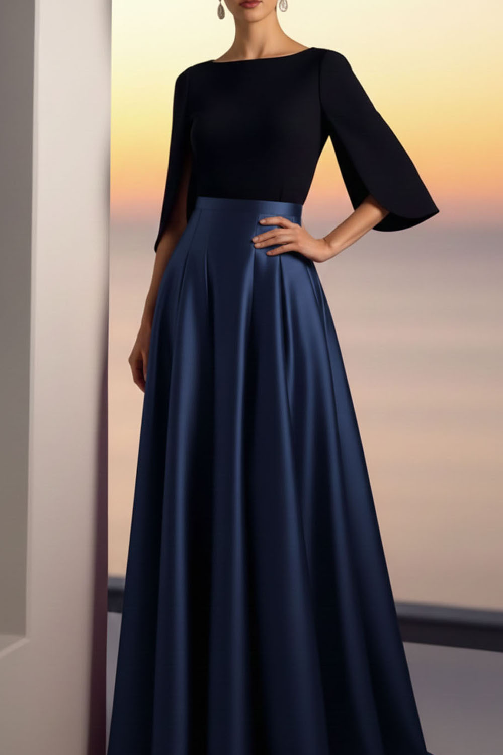 Evening Formal Dress Golden A-Line Crew Neck Satin Maxi Dress 