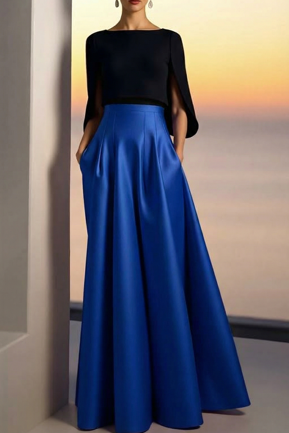 Evening Formal Dress Golden A-Line Crew Neck Satin Maxi Dress 