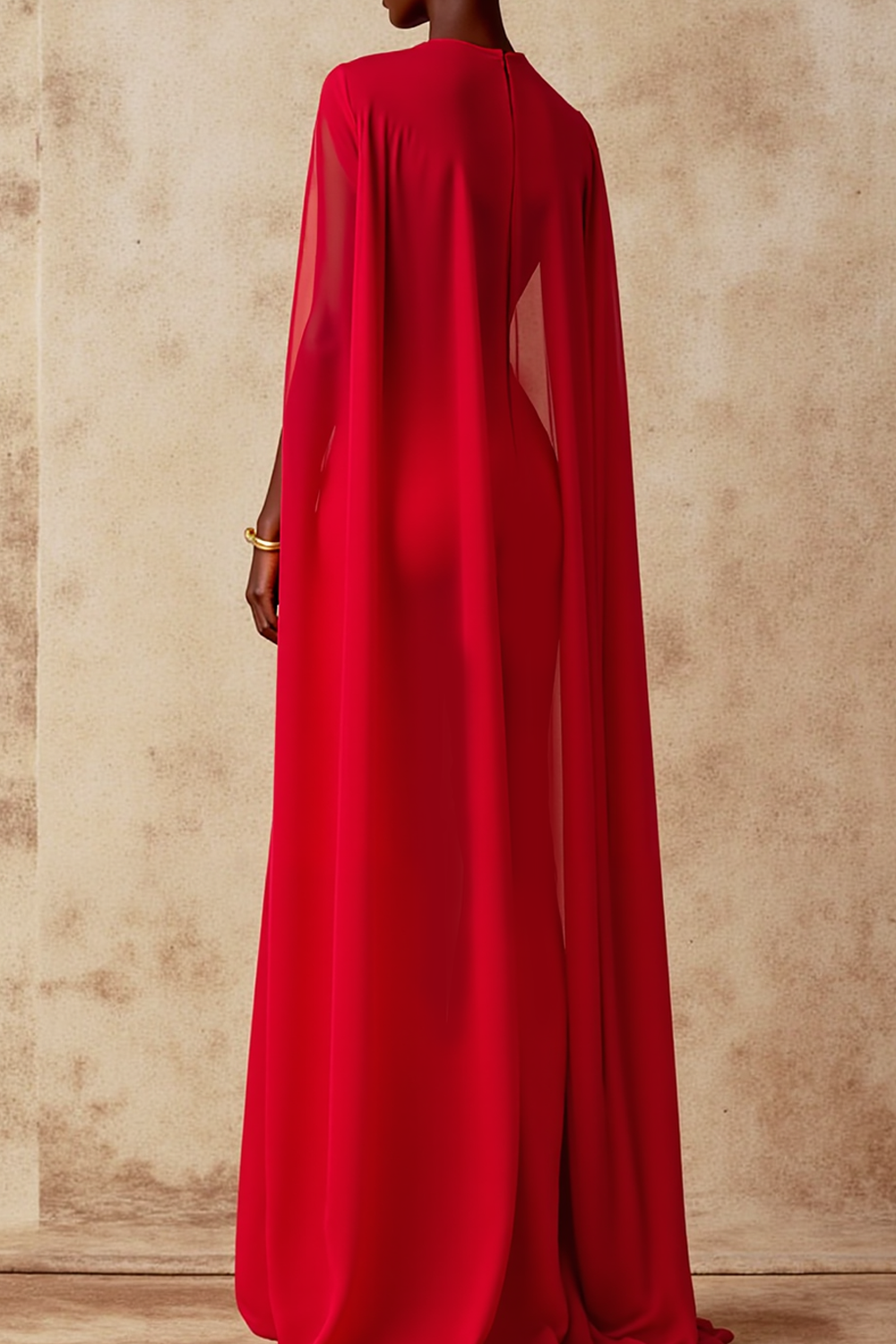 Evening Formal Dress Red Mermaid V-Neck Cape Maxi Dress 