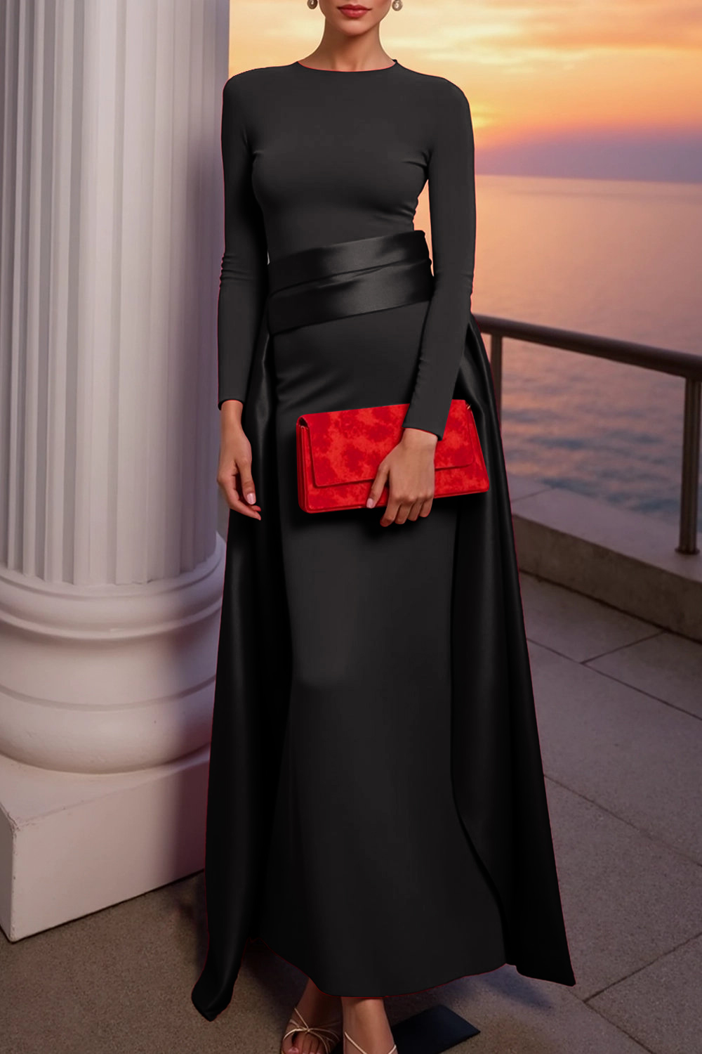 Red Evening Formal Dress Sheath Crew Neck Maxi Dress with Wrap