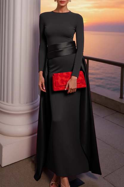 Red Evening Formal Dress Sheath Crew Neck Maxi Dress with Wrap