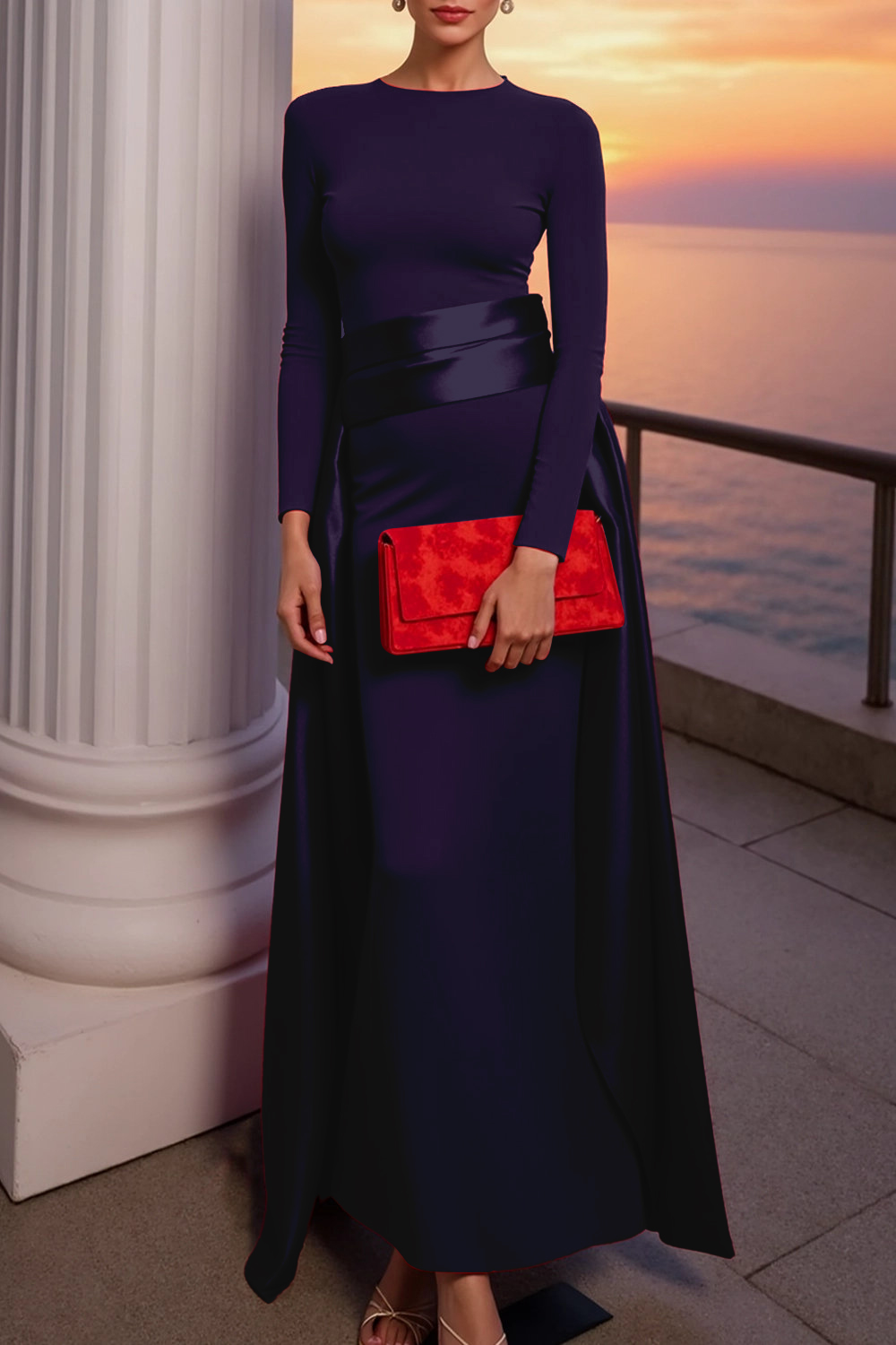 Red Evening Formal Dress Sheath Crew Neck Maxi Dress with Wrap