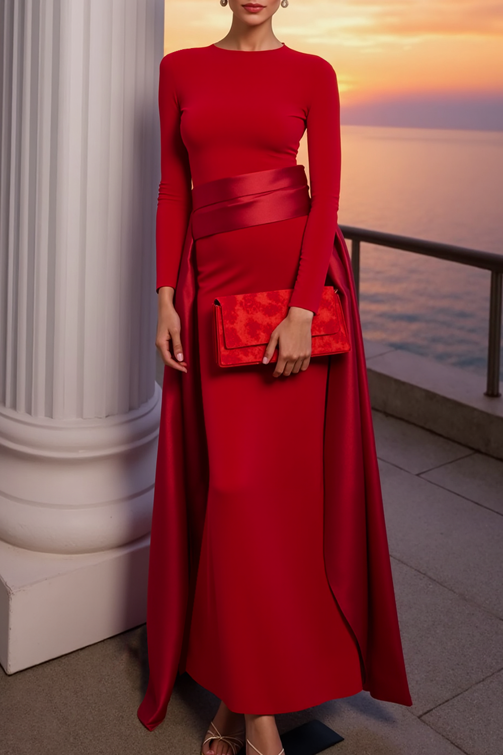 Red Evening Formal Dress Sheath Crew Neck Maxi Dress with Wrap